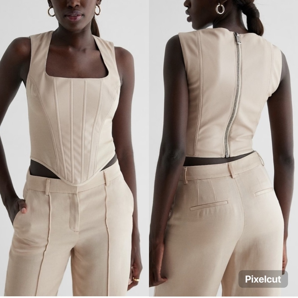 NWT Express Faux Leather Linen Blend Square‎ Neck Cropped Corset Tank Size Small